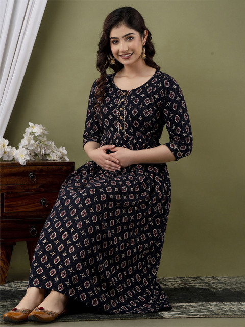 mad fury Women Ethnic Motifs Printed Cotton Maternity Fit and Flare Midi Dress