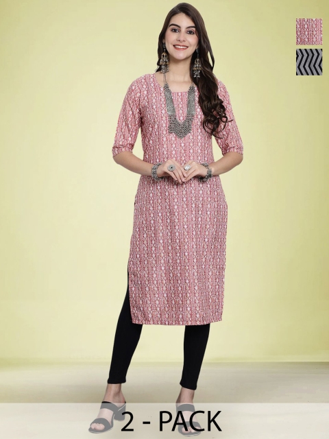 Moda Rapido Pack Of 2 Printed Round Neck Straight Kurta