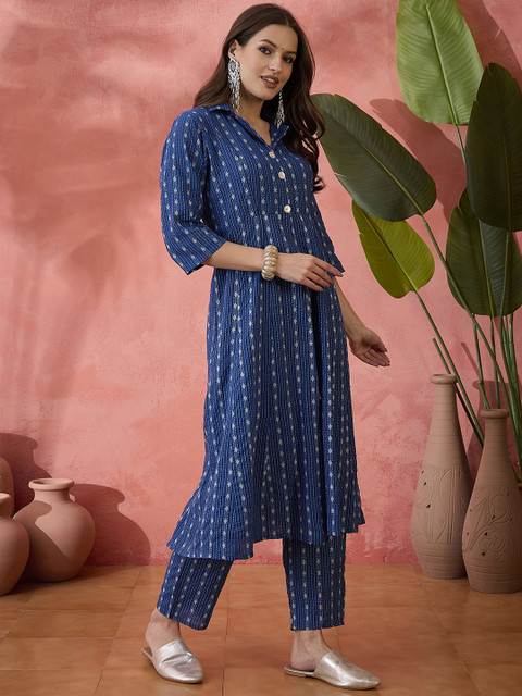 Sangria Blue Ethnic Motifs Woven Design High Slit Shirt Collar Pure Cotton Tunic & Trouser - Image 5