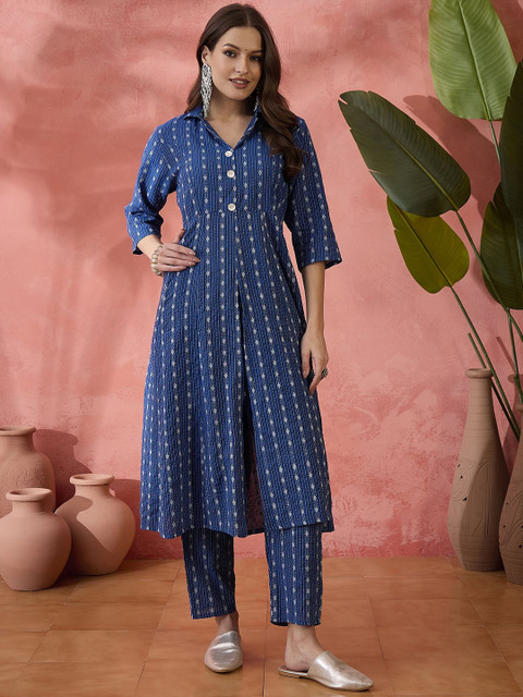 Sangria Blue Ethnic Motifs Woven Design High Slit Shirt Collar Pure Cotton Tunic & Trouser - Image 7