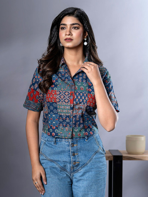 The Roadster Lifestyle Co Ethnic Printed Pure Cotton Cuban Collar Shirt Style Top