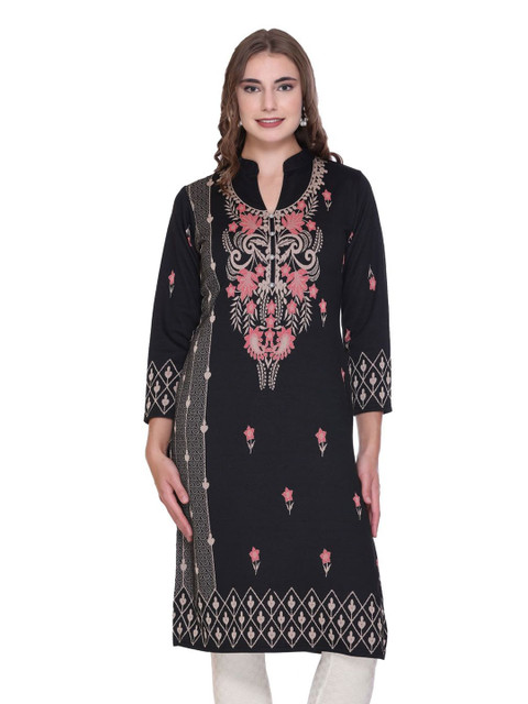 ROSARY Floral Woven Design Mandarin Collar Jacquard Woolen Kurta With Side Pockets
