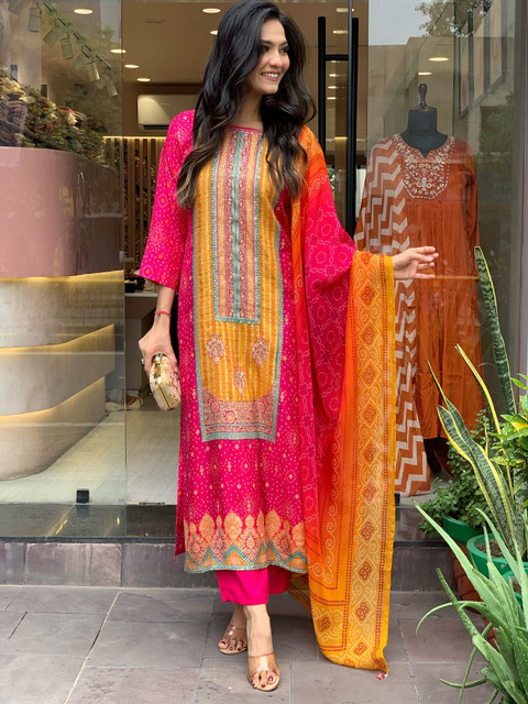 GoSriKi Bandhani Printed Round Neck Straight Kurta With Trouser And Dupatta