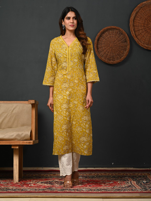 Rimeline Floral Printed V-Neck Pure Cotton Straight Kurtas - Image 4