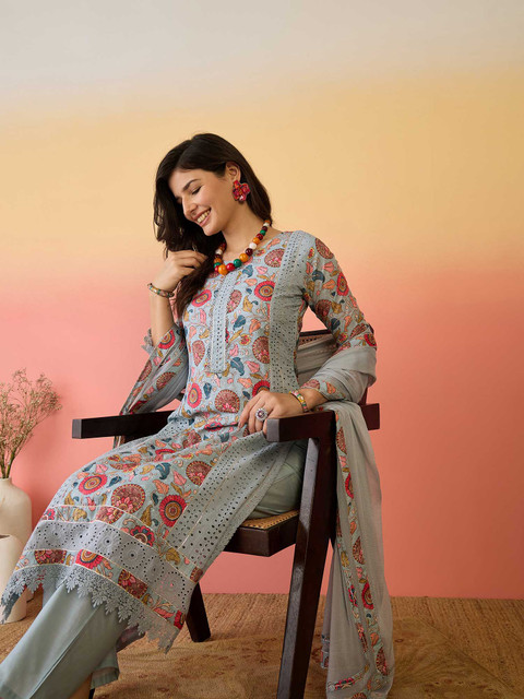 Sangria Floral Printed Pure Cotton Kurta & Trousers With Dupatta