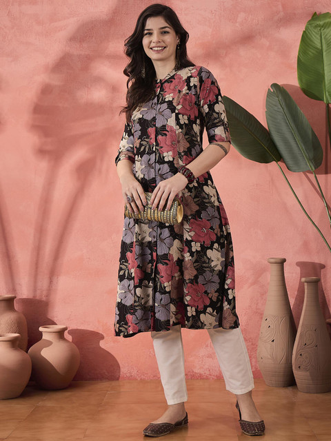 Sangria Black Floral Printed High Slit Mandarin Collar Roll-Up Sleeves A-line Kurta - Image 6