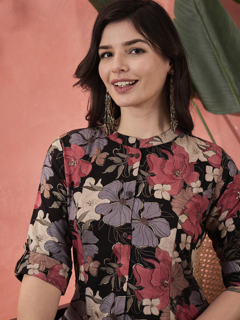 Sangria Black Floral Printed High Slit Mandarin Collar Roll-Up Sleeves A-line Kurta - Image 2