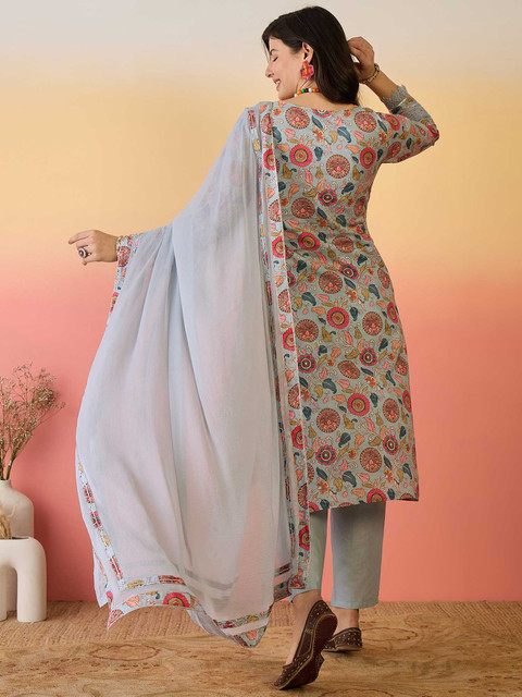 Sangria Floral Printed Pure Cotton Kurta & Trousers With Dupatta - Image 7