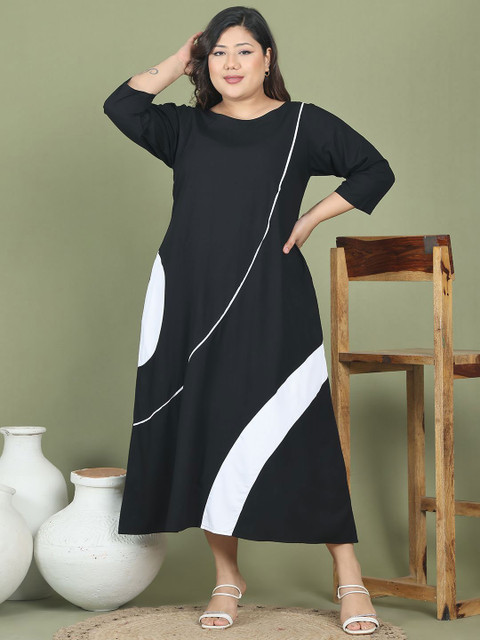 theRebelinme Women Plus Size Colourblocked A-Line Midi Dress