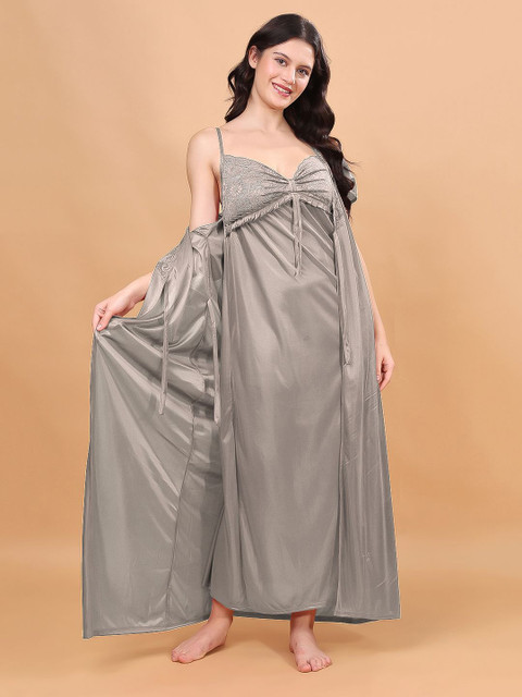 NIGHT KEYS Women Satin Maxi Nightdress With Robe