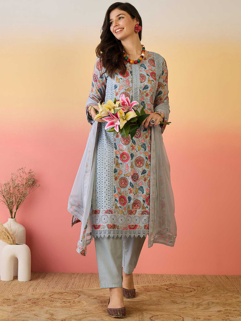 Sangria Floral Printed Pure Cotton Kurta & Trousers With Dupatta - Image 2