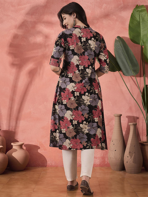 Sangria Black Floral Printed High Slit Mandarin Collar Roll-Up Sleeves A-line Kurta - Image 3