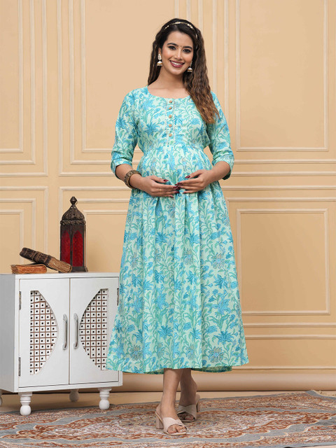 mad fury Women Floral Printed Cotton Maternity Fit and Flare Midi Dress