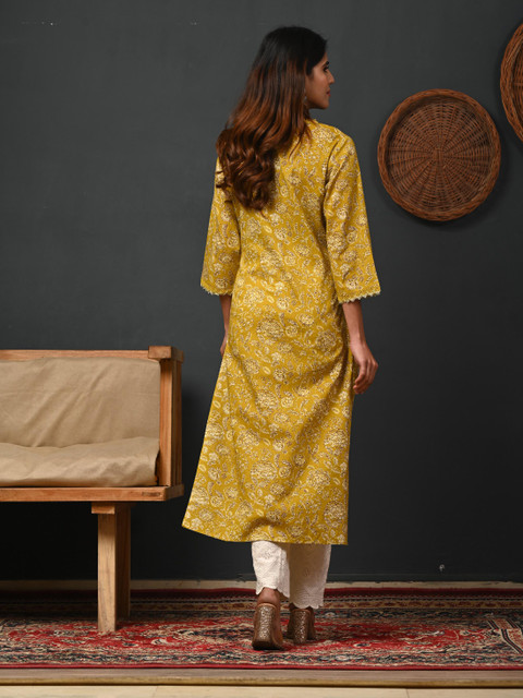 Rimeline Floral Printed V-Neck Pure Cotton Straight Kurtas - Image 3