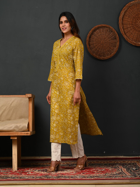 Rimeline Floral Printed V-Neck Pure Cotton Straight Kurtas - Image 6
