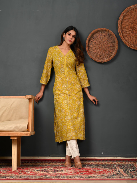Rimeline Floral Printed V-Neck Pure Cotton Straight Kurtas - Image 5