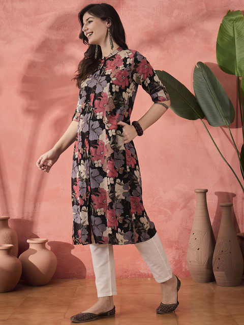 Sangria Black Floral Printed High Slit Mandarin Collar Roll-Up Sleeves A-line Kurta - Image 5