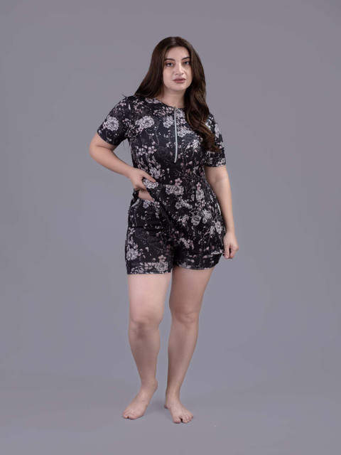 Keepfit Women Floral Printed Padded Plus Size Swimset With Zipper Top & Boyshorts