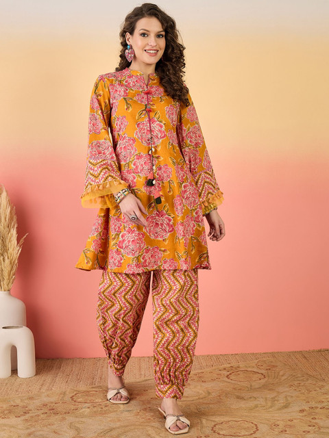 Sangria Floral Printed Mandarin Collar Pure Cotton Tunic With Trousers