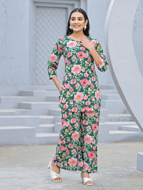 SHIFORY Floral Printed Notch-Neck Pure Cotton Tunic With Palazzo