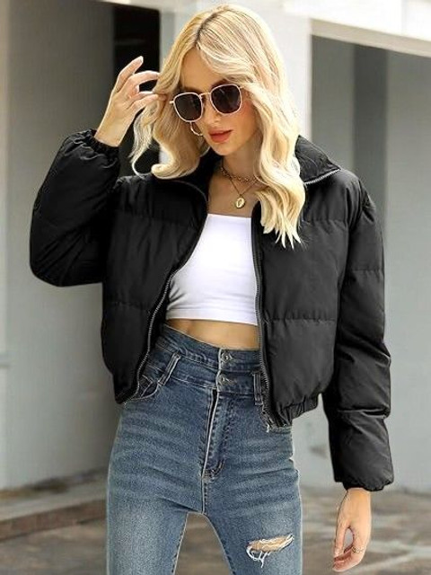 SQew Women Mock Collar Solid Casual Lightweight Puffer Jacket