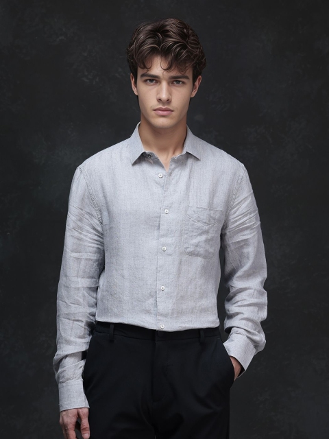 RARE RABBIT Men Comfort Fit Spread Collar Solid Linen Formal Shirt