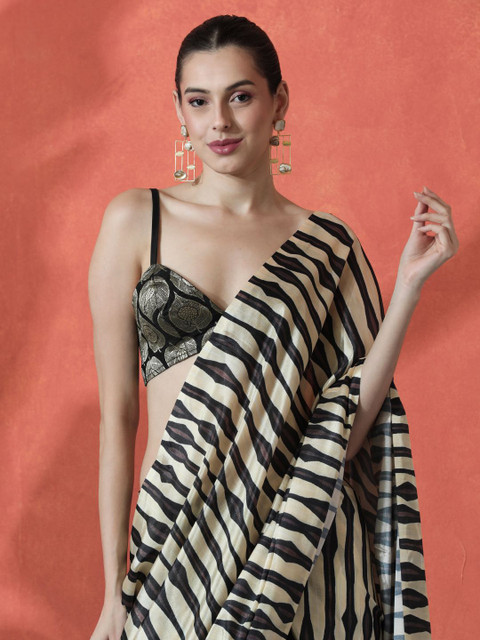 Sangria Ready to wear Satin Striped Digital Printed Saree