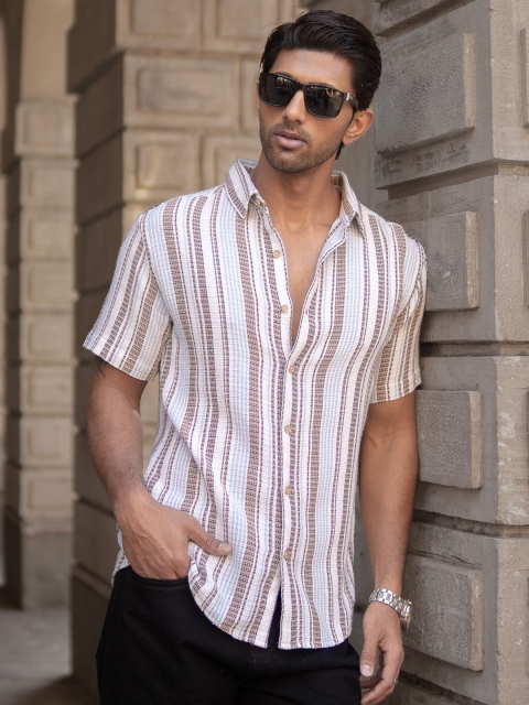 Powerlook Men Spread Collar Vertical Striped Cotton Casual Shirt - Image 6