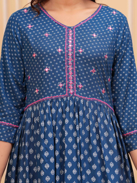 HERE&NOW Ethnic Motifs Printed Mirror Work Round Neck Pure Cotton Anarkali Kurta - Image 2