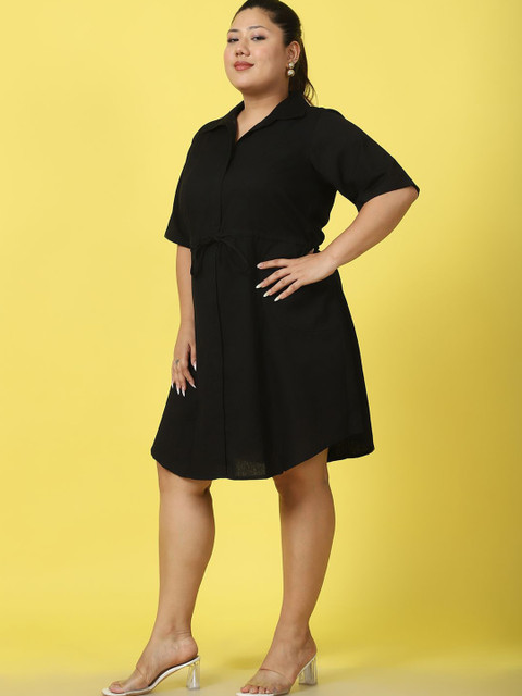 theRebelinme Plus Size Shirt Collar Short Sleeves Linen A-Line Midi Dress - Image 4