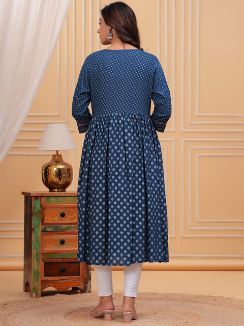 HERE&NOW Ethnic Motifs Printed Mirror Work Round Neck Pure Cotton Anarkali Kurta - Image 5