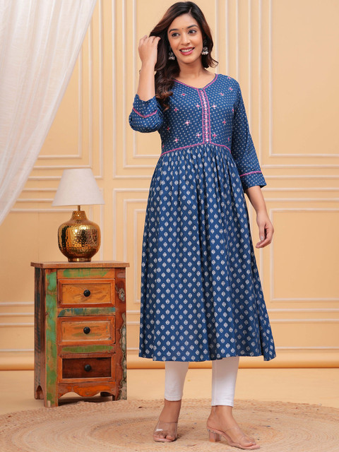 HERE&NOW Ethnic Motifs Printed Mirror Work Round Neck Pure Cotton Anarkali Kurta