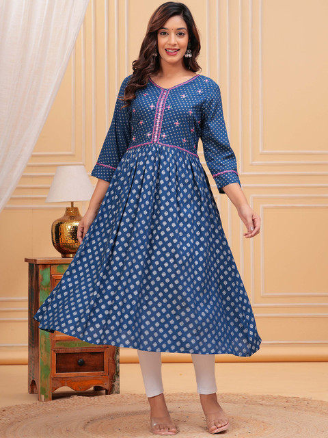 HERE&NOW Ethnic Motifs Printed Mirror Work Round Neck Pure Cotton Anarkali Kurta - Image 4