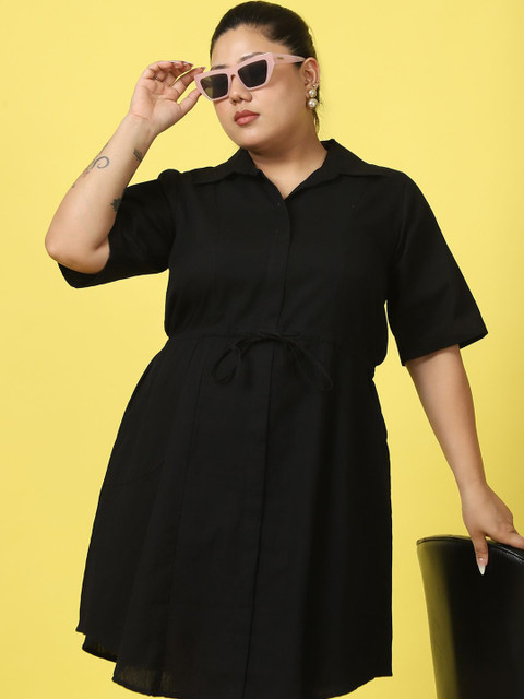 theRebelinme Plus Size Shirt Collar Short Sleeves Linen A-Line Midi Dress - Image 7