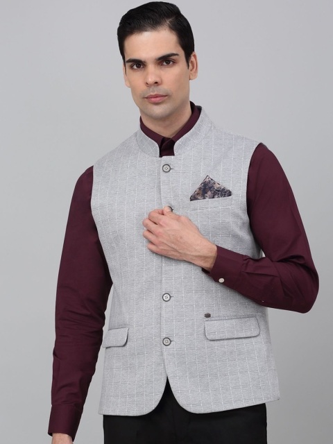Cantabil Checked Mandarin Collar Woven Nehru Jacket