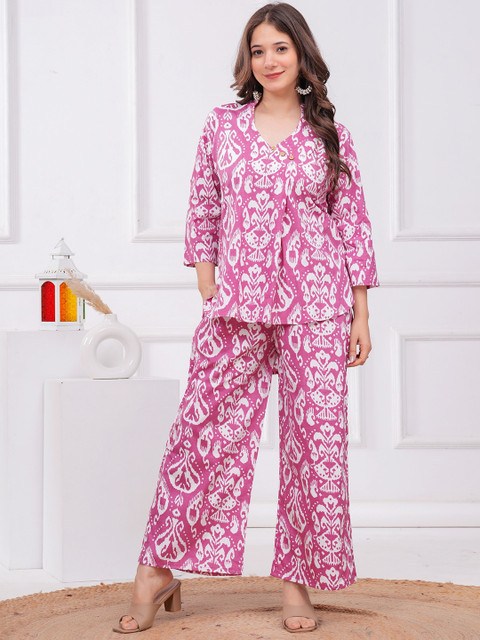 SHOPAXIS Women Ethnic Motifs Printed Pure Cotton Tunic And Palazzos Co-Ords Set