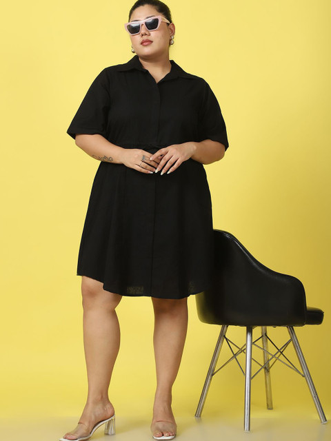 theRebelinme Plus Size Shirt Collar Short Sleeves Linen A-Line Midi Dress - Image 6
