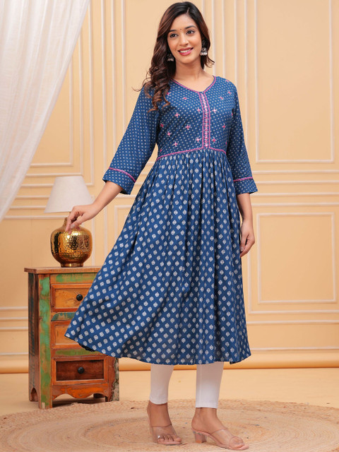 HERE&NOW Ethnic Motifs Printed Mirror Work Round Neck Pure Cotton Anarkali Kurta - Image 3