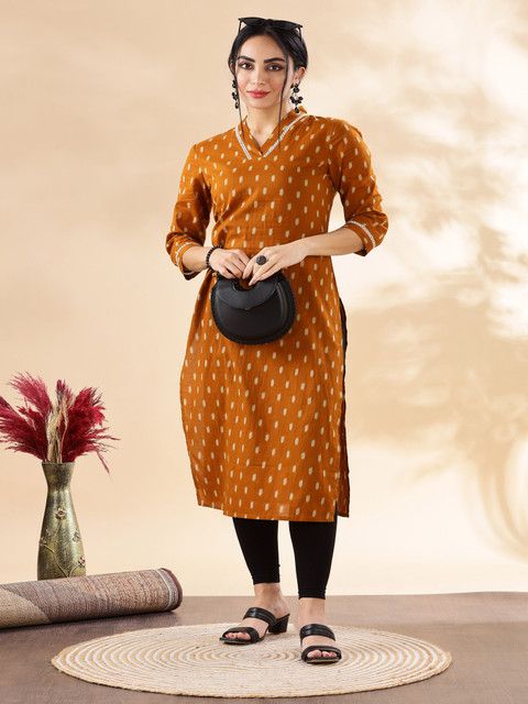 Anouk Mustard Geometric Printed V Neck lace Work Pure Cotton Straight Kurta