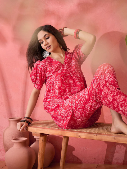 Sangria Printed Pure Cotton Short Sleeve Tunic & Trouser Co-Ords