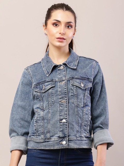 NoBarr Women Spread Collar Washed Solid Cotton Casual Denim Jacket