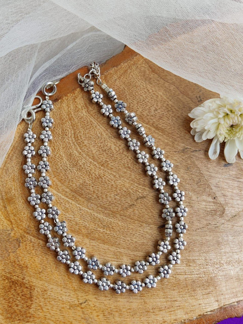 Janpath Online Set of 2 Silver-Plated Floral Oxidised Anklets