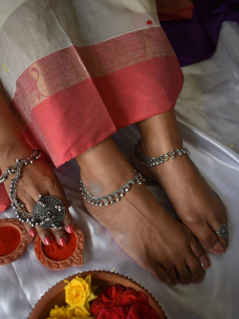 Janpath Online Set of 2 Silver-Plated Oxidised Anklets