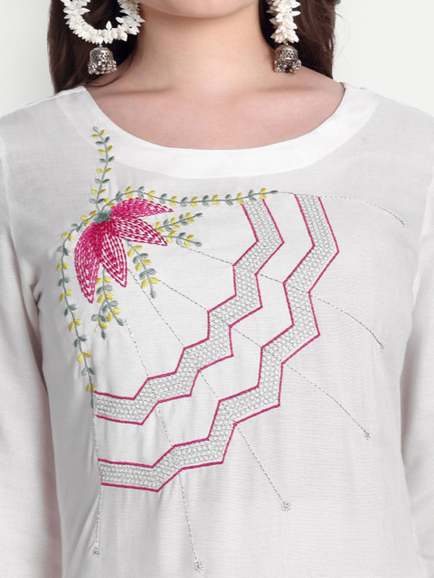 Hujum Floral Embroidered Round Neck Thread Work Tunic With Trousers - Image 2