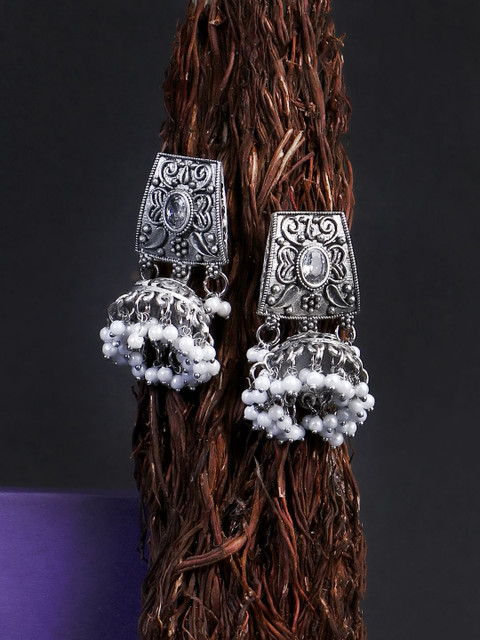 Sangria White Silver-Plated Stones Studded & Pearls Beaded Dome Shaped Oxidised Jhumkas