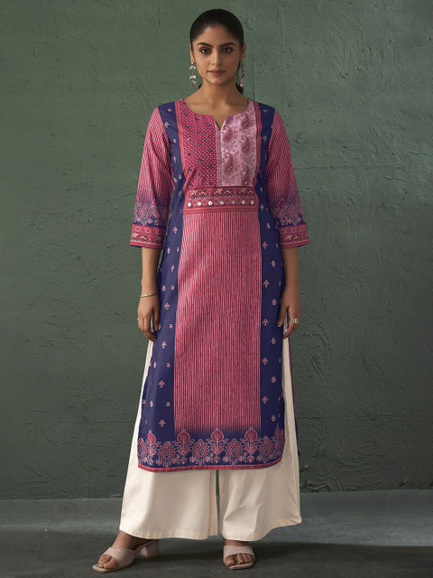 Anouk Red & Blue Ethnic Motifs Printed Notch Neck Mirror Work Cotton Straight Kurta