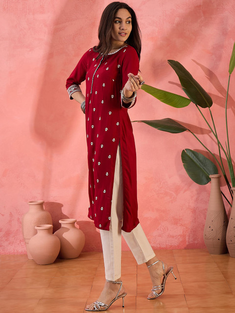 Sangria Red Floral Embroidered Round Neck Straight Kurta