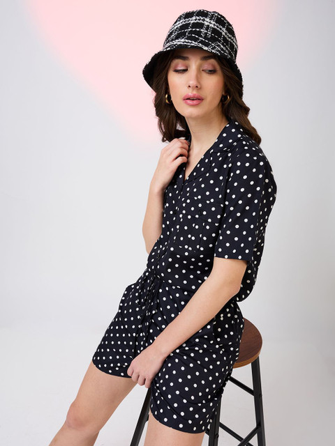 Globus Polka Dots Notched Lapel Waist Tie-Ups Front Pockets Utility Playsuit
