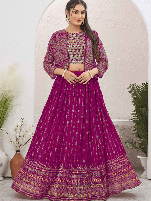 Chandbaali Embroidered Sequinned Round Neck Ready to Wear Lehenga & Choli With Jacket