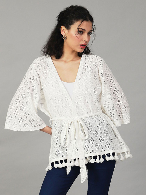 UnaOne Geometric Self Design Tie-Up Pure Cotton Shrug